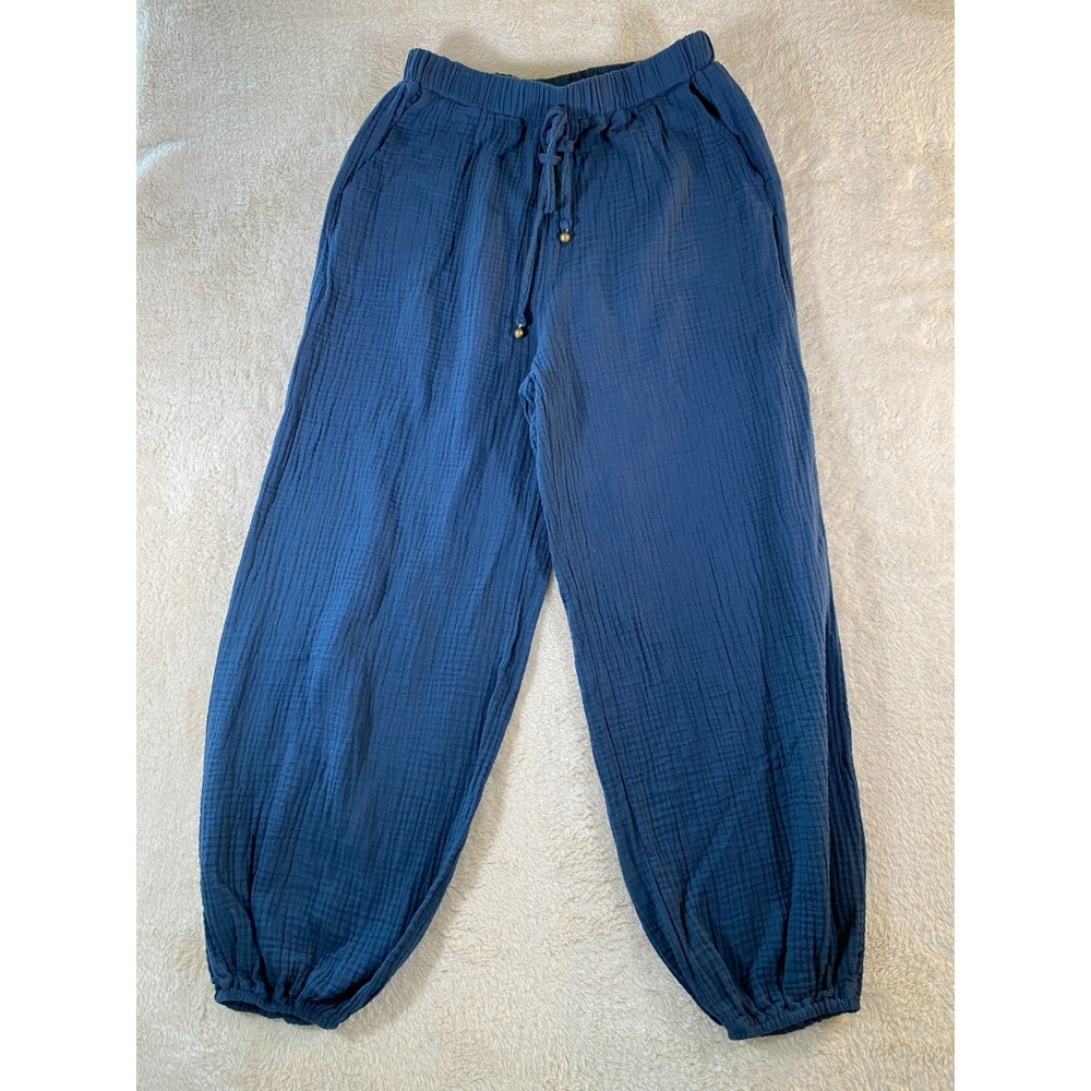 Linen Blend Balloon Barrel Leg Pants Blue Women's Elastic Comfy Boho No Size Tag